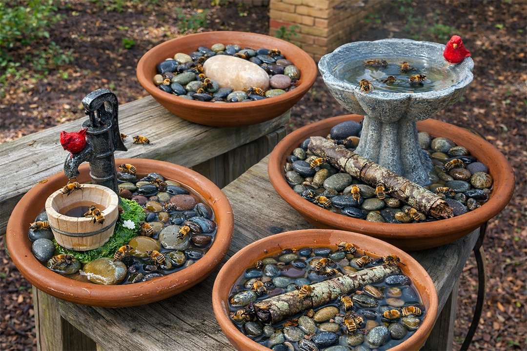 Container garden with a Bee Mini-Bar tucked among pots
